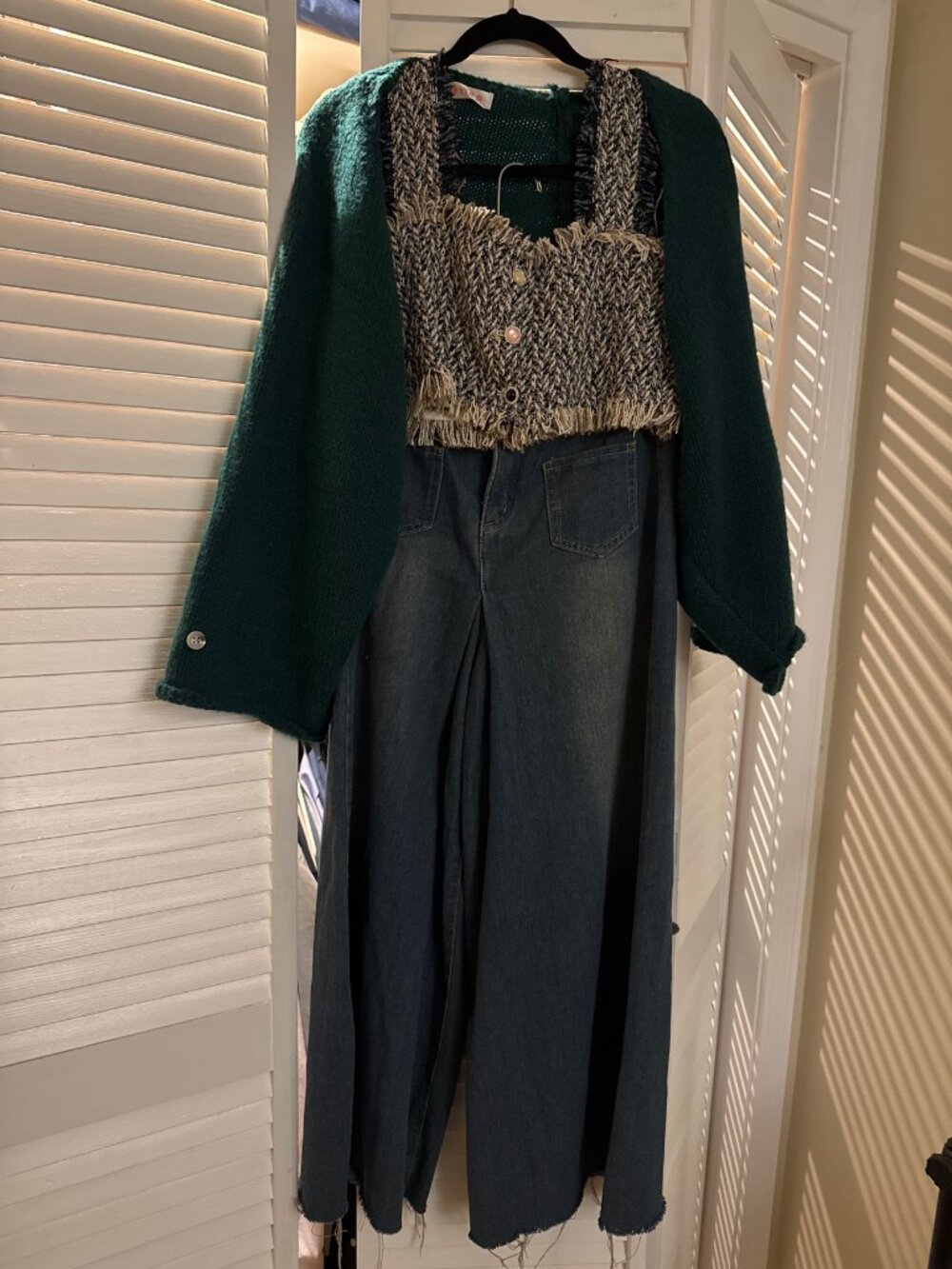 Tweed Fringe Crop Top + Green Knit Shrug + Wide Leg Flare Jeans 3-Piece Set